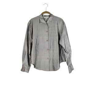 Connie Roberson Button Up Top Silver Dupioni Silk Long Sleeve Blouse Size Large